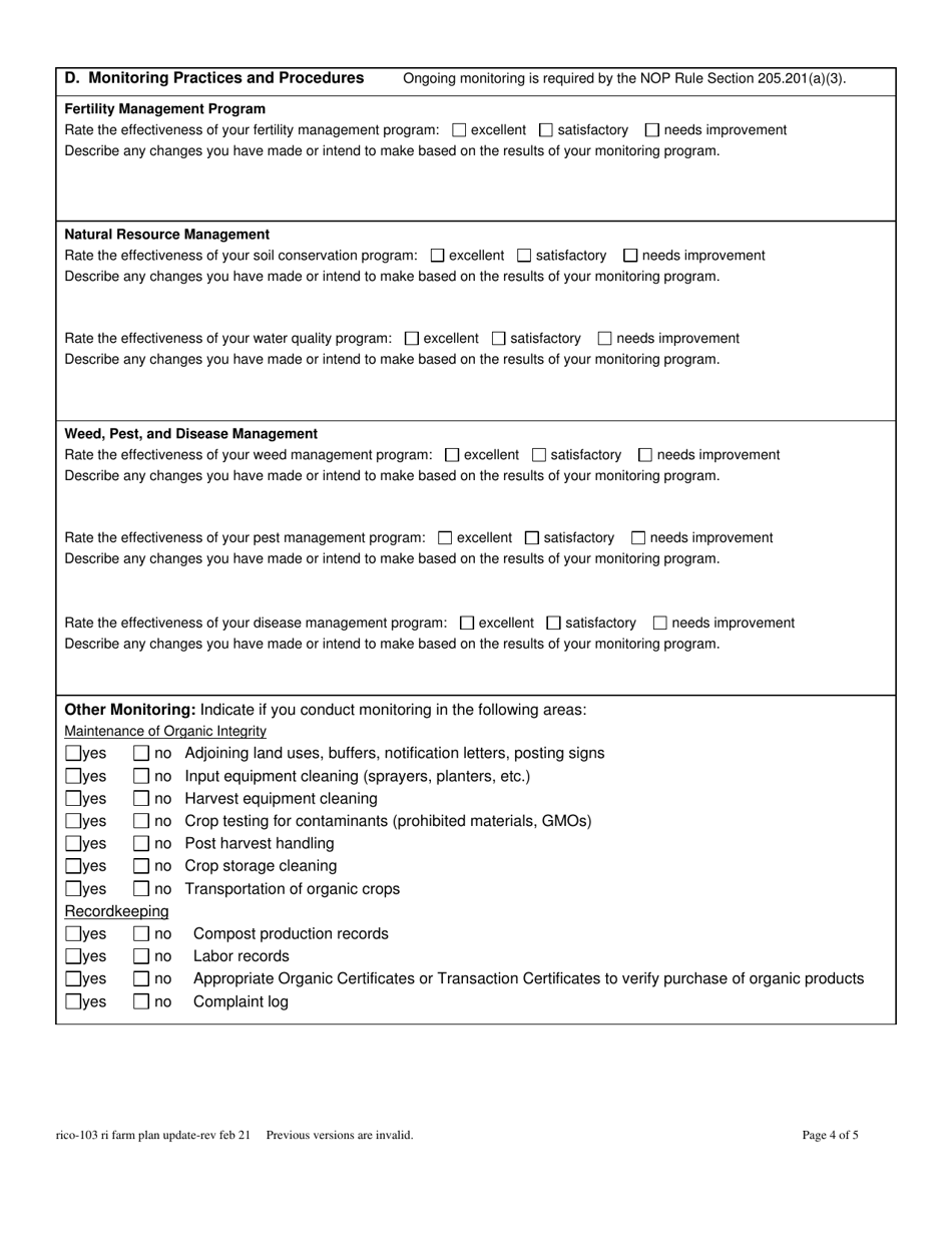 RICO Form 103 Ri Certified Organic Farm Plan Update Questionnaire - Rhode Island, Page 4
