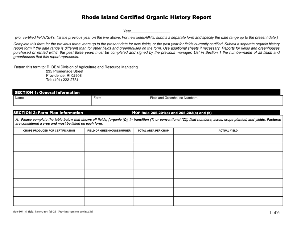 RICO Form 104 Rhode Island Certified Organic History Report - Rhode Island, Page 1