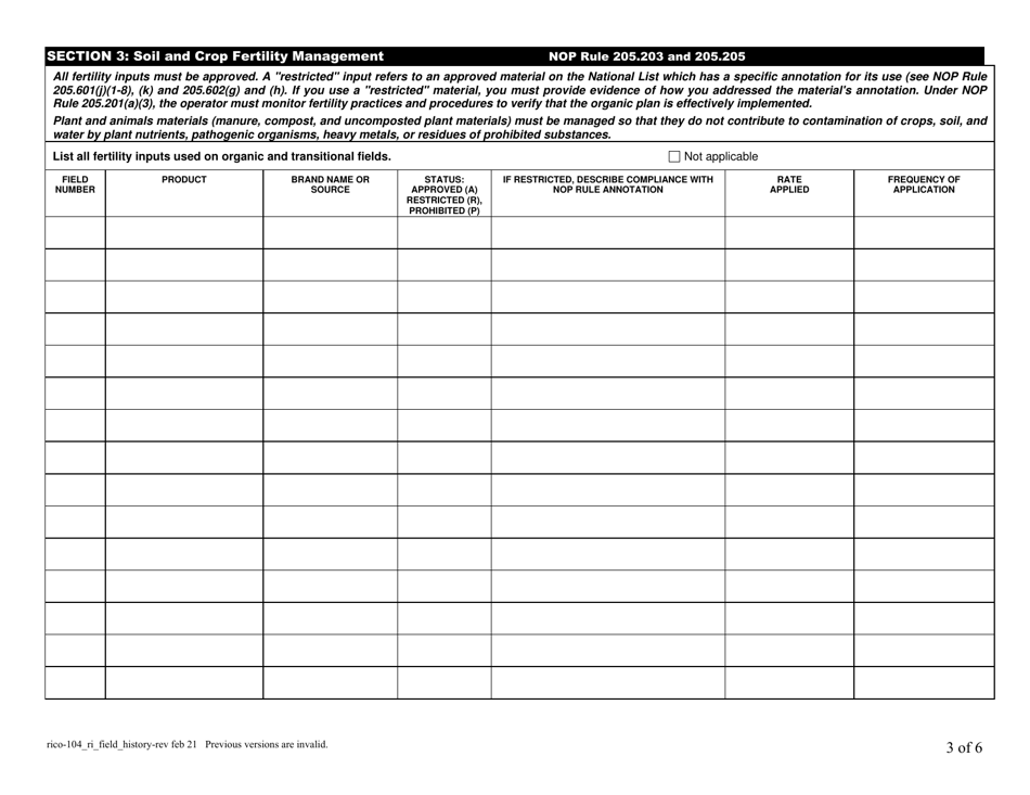 RICO Form 104 Rhode Island Certified Organic History Report - Rhode Island, Page 3