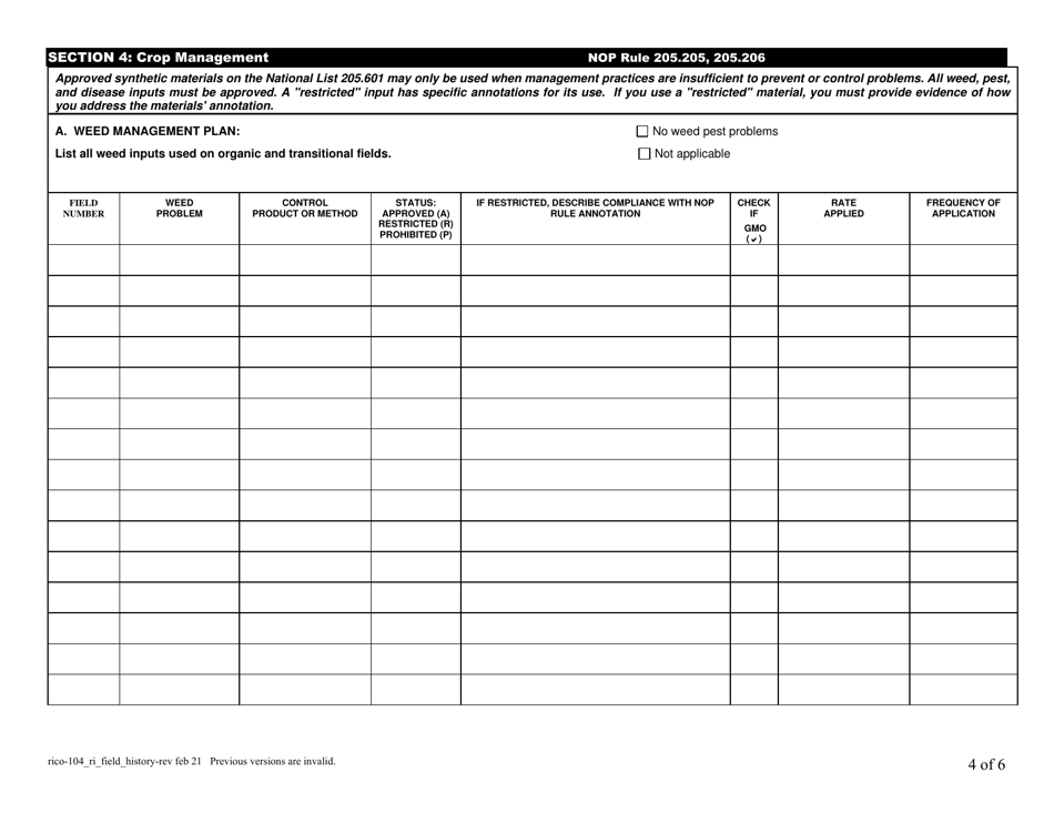 RICO Form 104 Rhode Island Certified Organic History Report - Rhode Island, Page 4