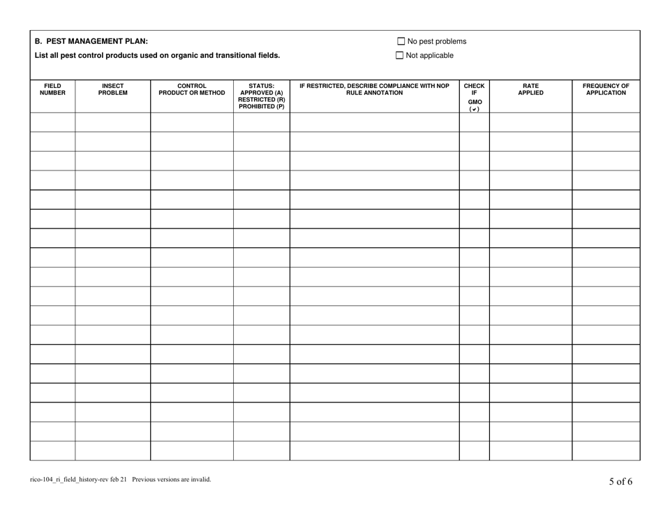 RICO Form 104 Rhode Island Certified Organic History Report - Rhode Island, Page 5
