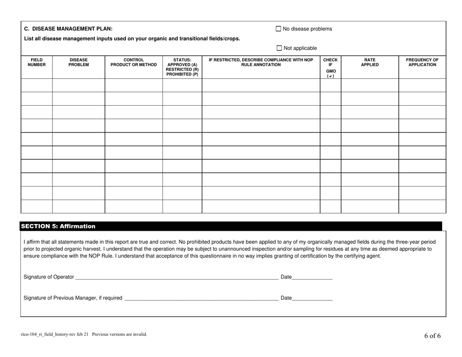 RICO Form 104 Rhode Island Certified Organic History Report - Rhode Island, Page 6