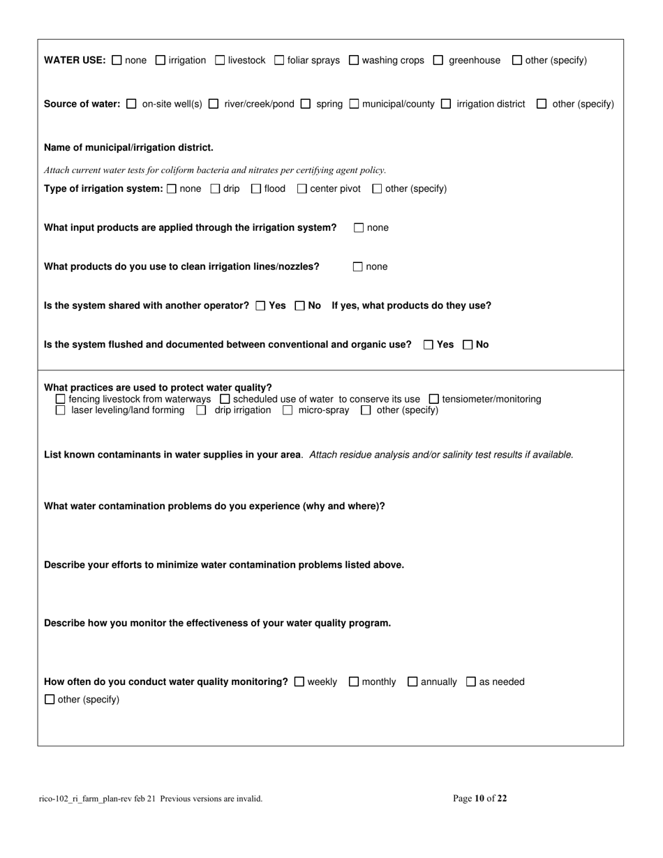 RICO Form 102 Rhode Island Certified Organic Farm Plan Questionnaire - Rhode Island, Page 10