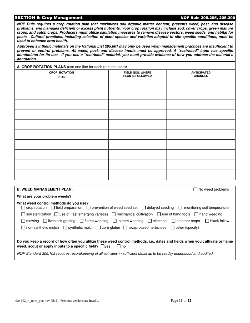 RICO Form 102 Rhode Island Certified Organic Farm Plan Questionnaire - Rhode Island, Page 11