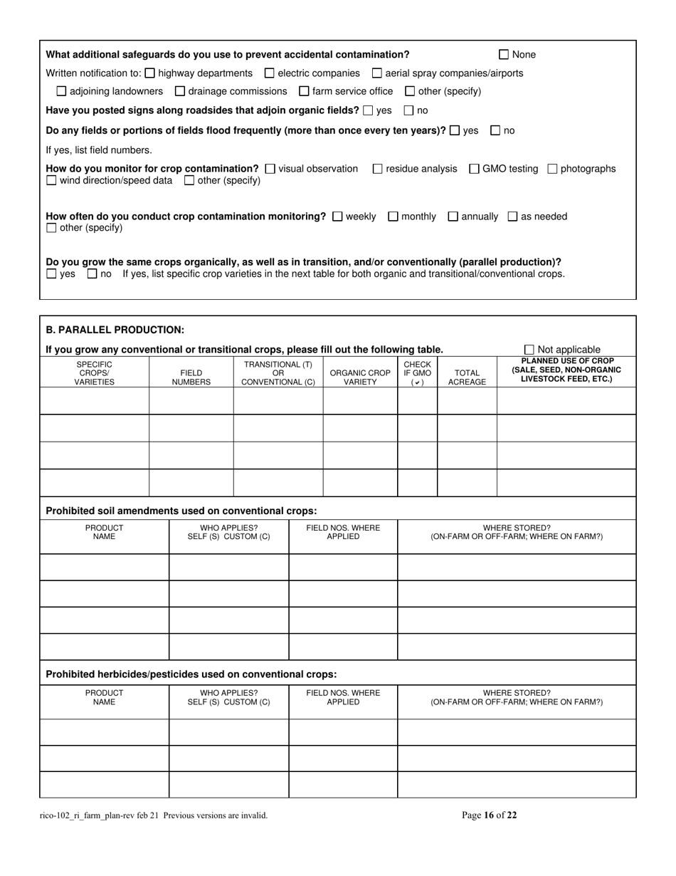 RICO Form 102 Rhode Island Certified Organic Farm Plan Questionnaire - Rhode Island, Page 16