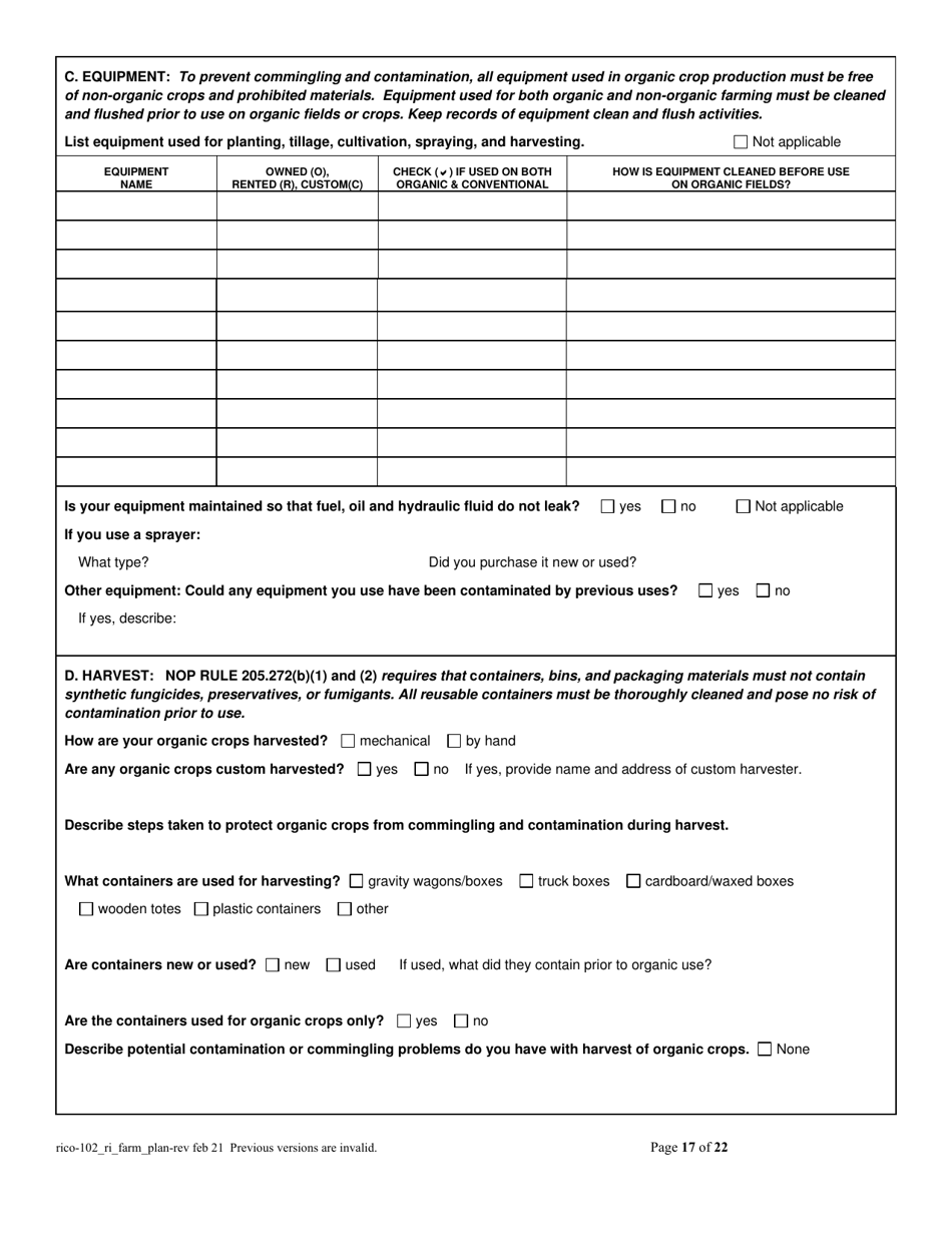RICO Form 102 Rhode Island Certified Organic Farm Plan Questionnaire - Rhode Island, Page 17