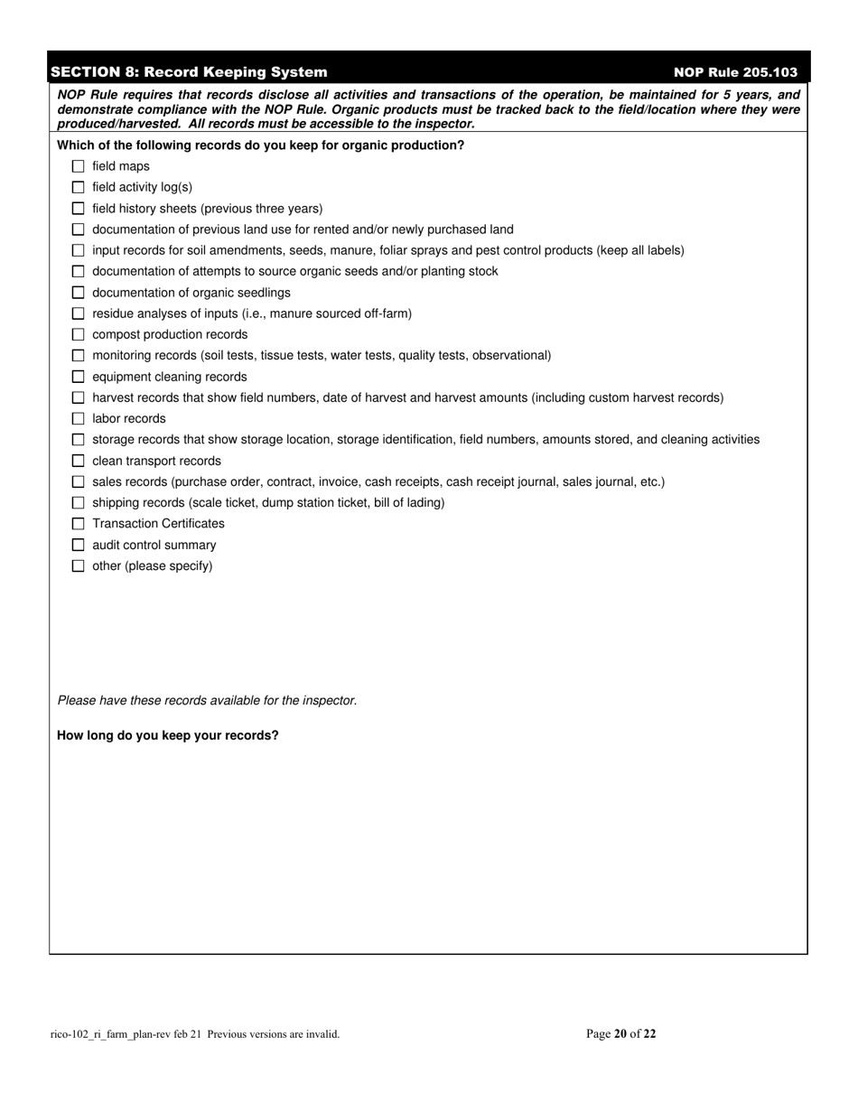 RICO Form 102 Rhode Island Certified Organic Farm Plan Questionnaire - Rhode Island, Page 20
