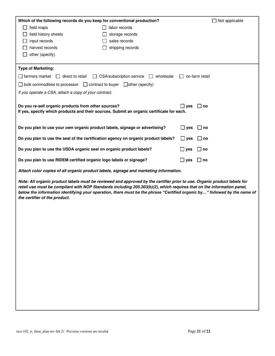 RICO Form 102 Rhode Island Certified Organic Farm Plan Questionnaire - Rhode Island, Page 21