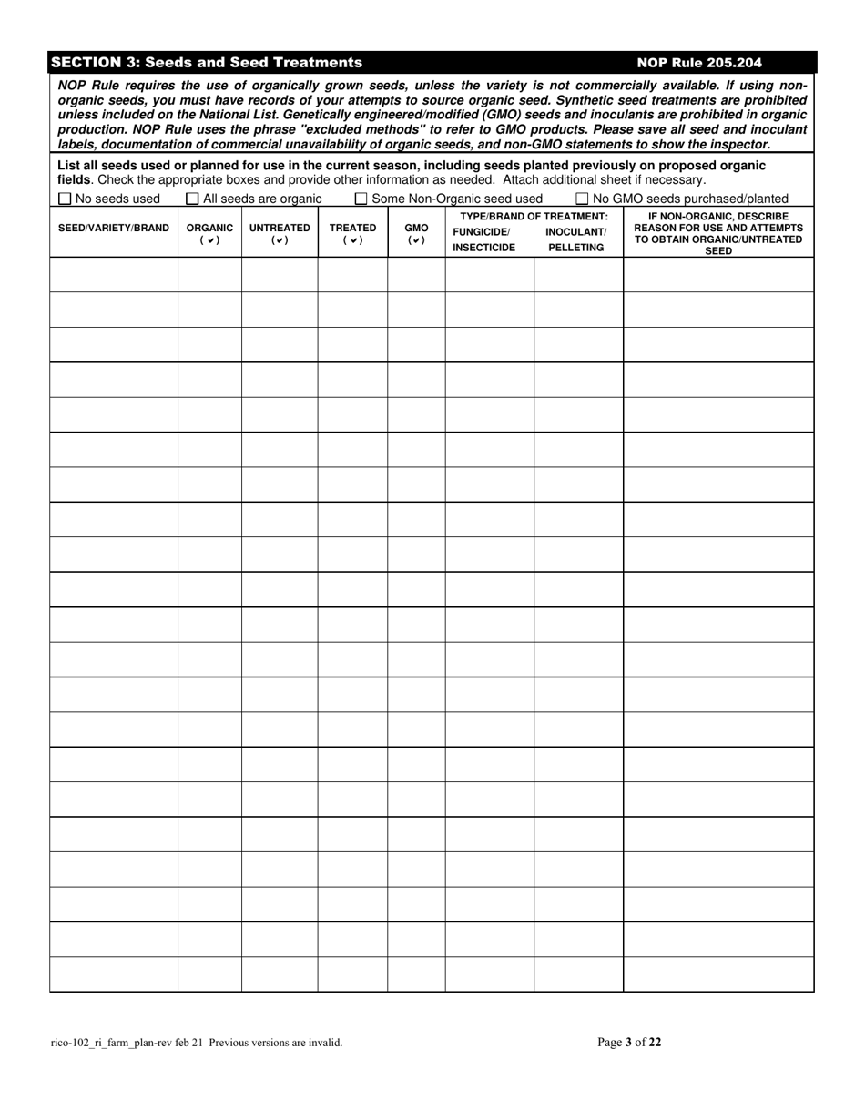 RICO Form 102 Rhode Island Certified Organic Farm Plan Questionnaire - Rhode Island, Page 3