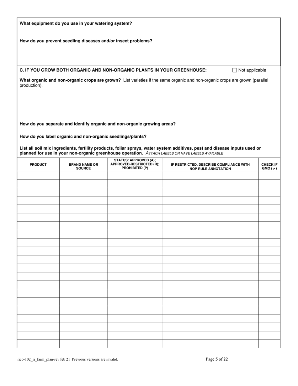 RICO Form 102 Rhode Island Certified Organic Farm Plan Questionnaire - Rhode Island, Page 5