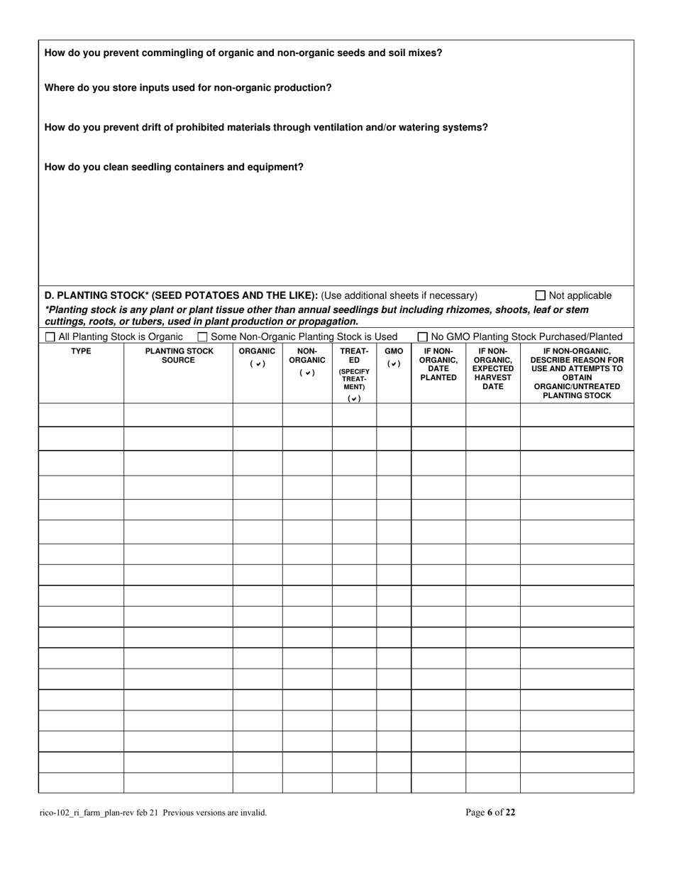 RICO Form 102 Rhode Island Certified Organic Farm Plan Questionnaire - Rhode Island, Page 6