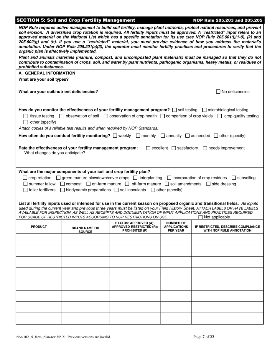 RICO Form 102 Rhode Island Certified Organic Farm Plan Questionnaire - Rhode Island, Page 7