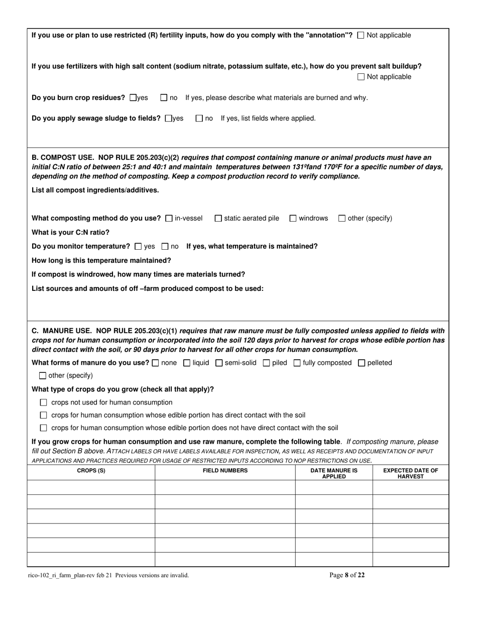 RICO Form 102 Rhode Island Certified Organic Farm Plan Questionnaire - Rhode Island, Page 8