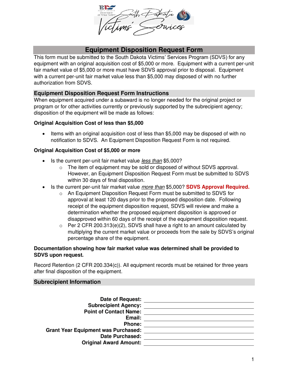 South Dakota Equipment Disposition Request Form Fill Out, Sign Online