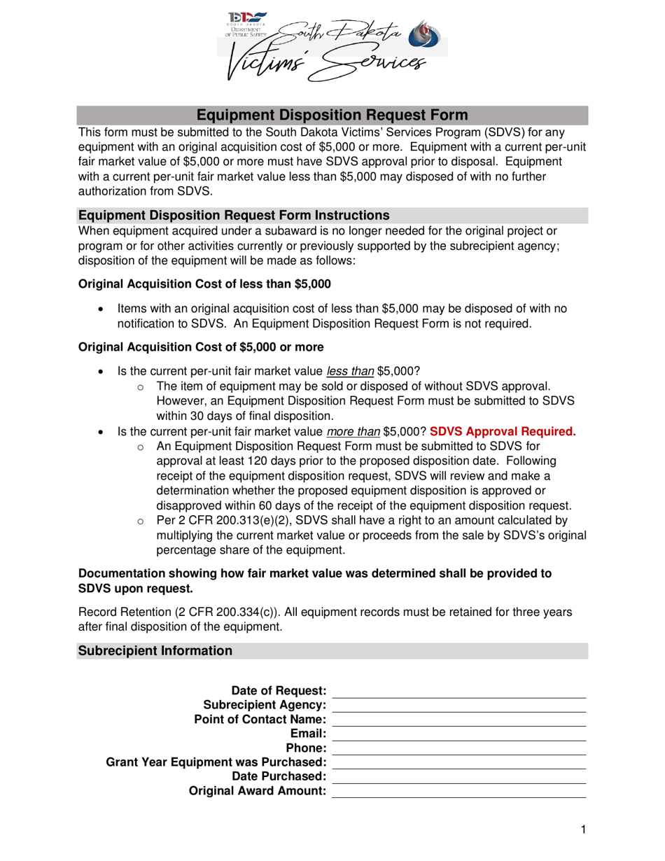 Equipment Disposition Request Form - South Dakota, Page 1