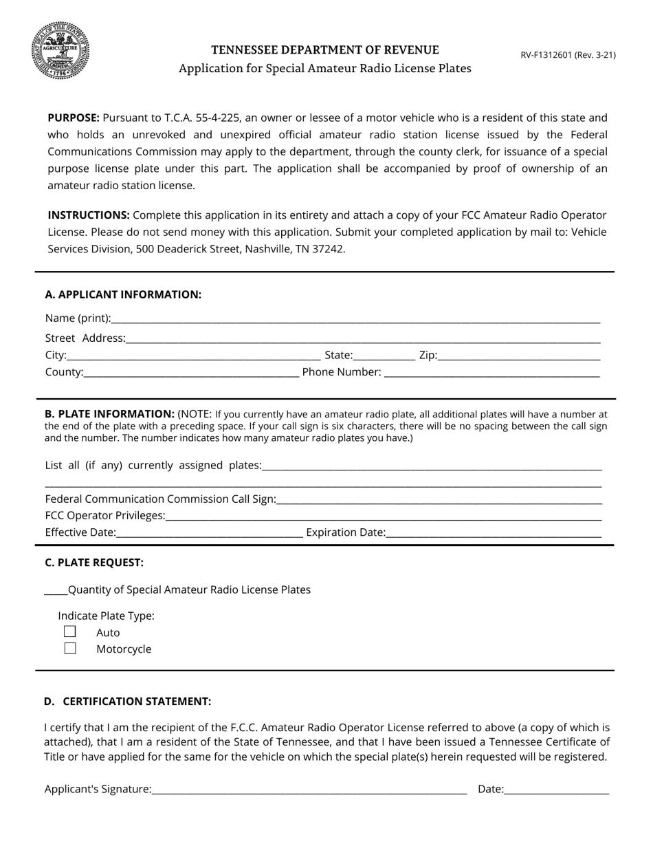 Form RV-F1312601 Application for Special Amateur Radio License Plates - Tennessee, Page 1