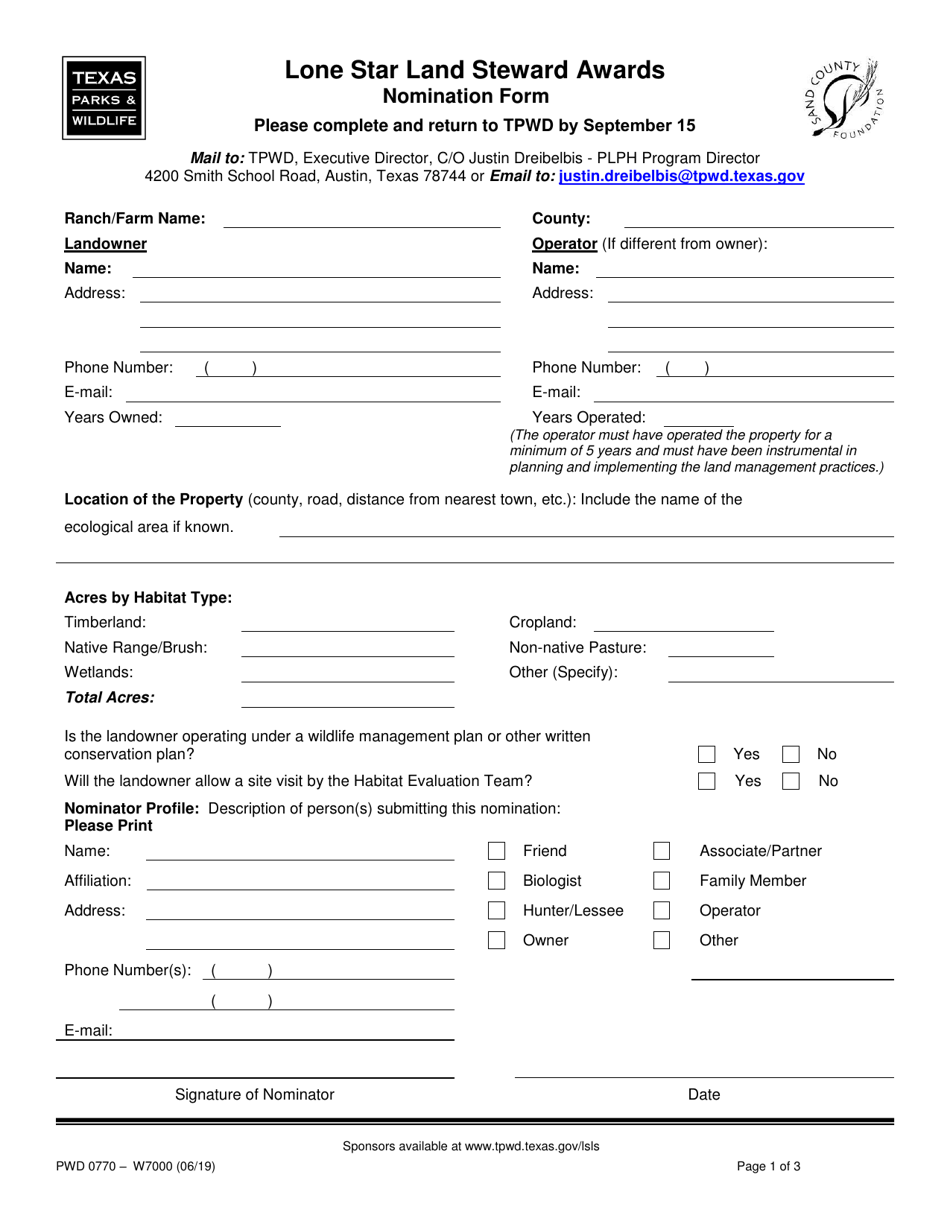 Form PWD-0770 Lone Star Land Steward Awards Nomination Form - Texas, Page 1