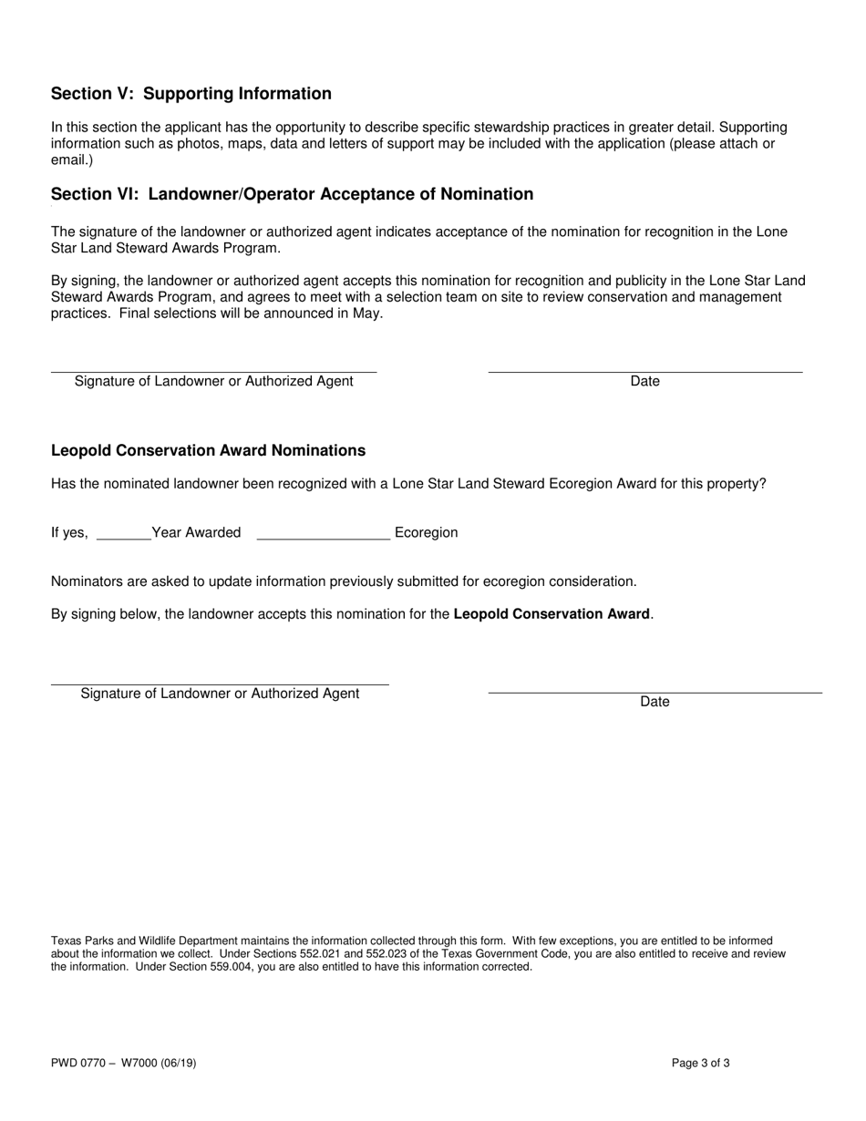 Form PWD-0770 Lone Star Land Steward Awards Nomination Form - Texas, Page 3