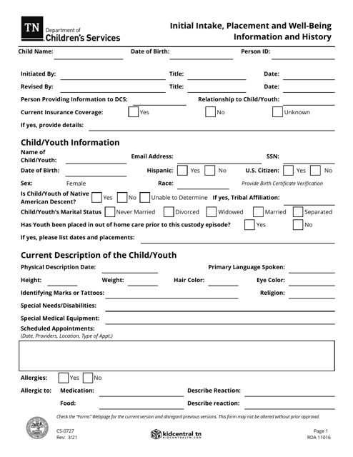 Form CS-0727 Initial Intake, Placement and Well-Being Information and History - Tennessee