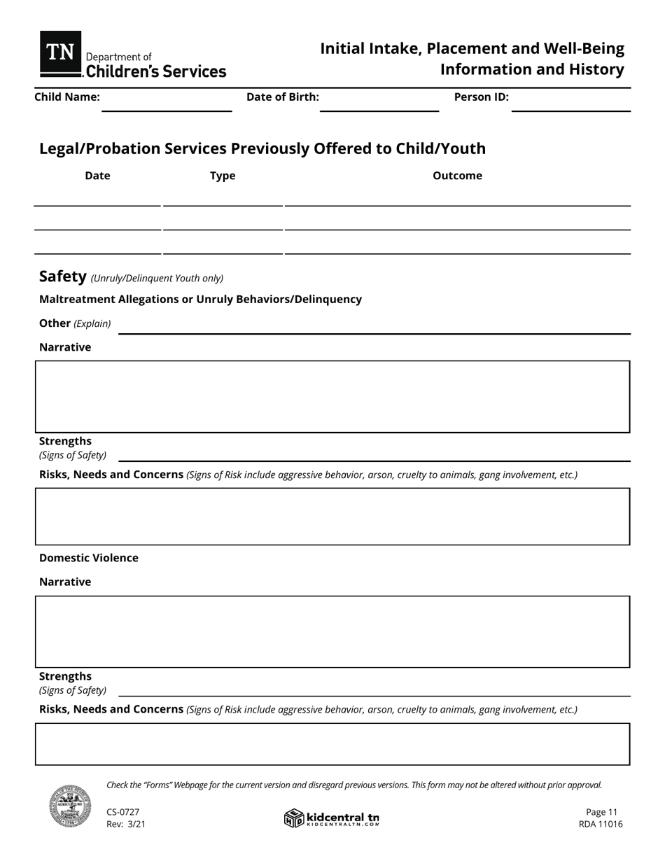 Form CS-0727 Initial Intake, Placement and Well-Being Information and History - Tennessee, Page 11