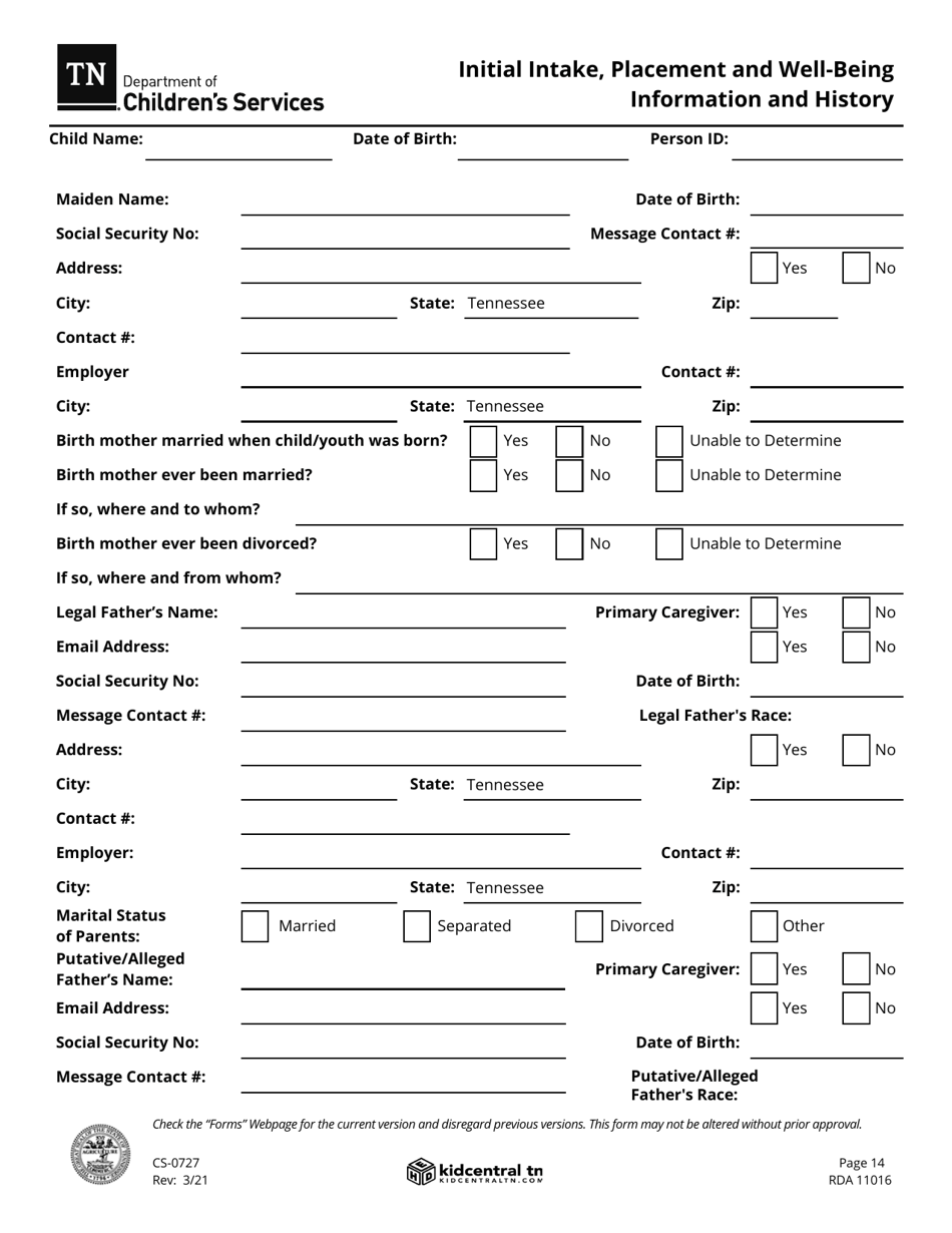 Form CS-0727 Initial Intake, Placement and Well-Being Information and History - Tennessee, Page 14