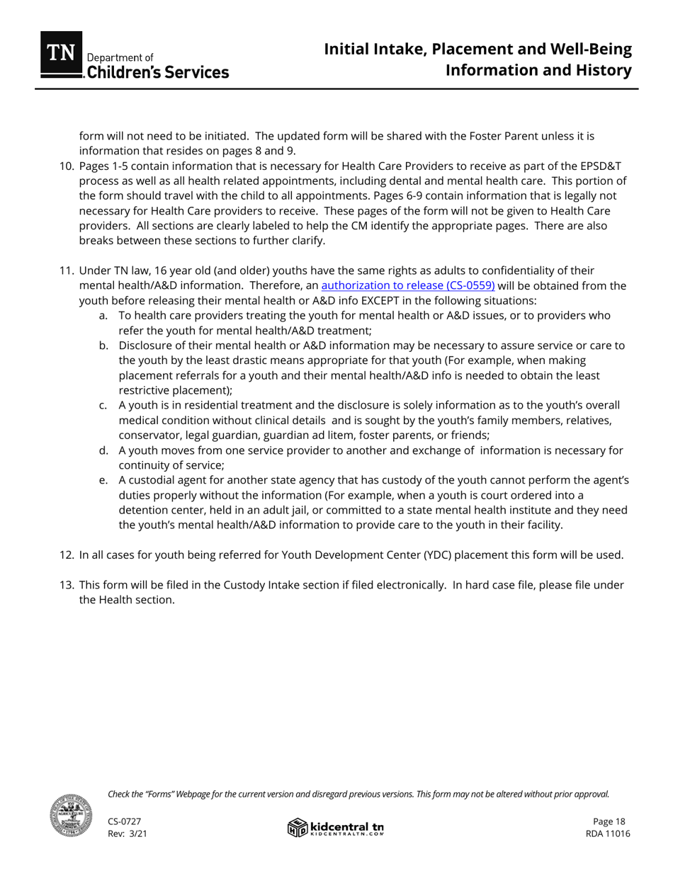 Form CS-0727 Initial Intake, Placement and Well-Being Information and History - Tennessee, Page 18