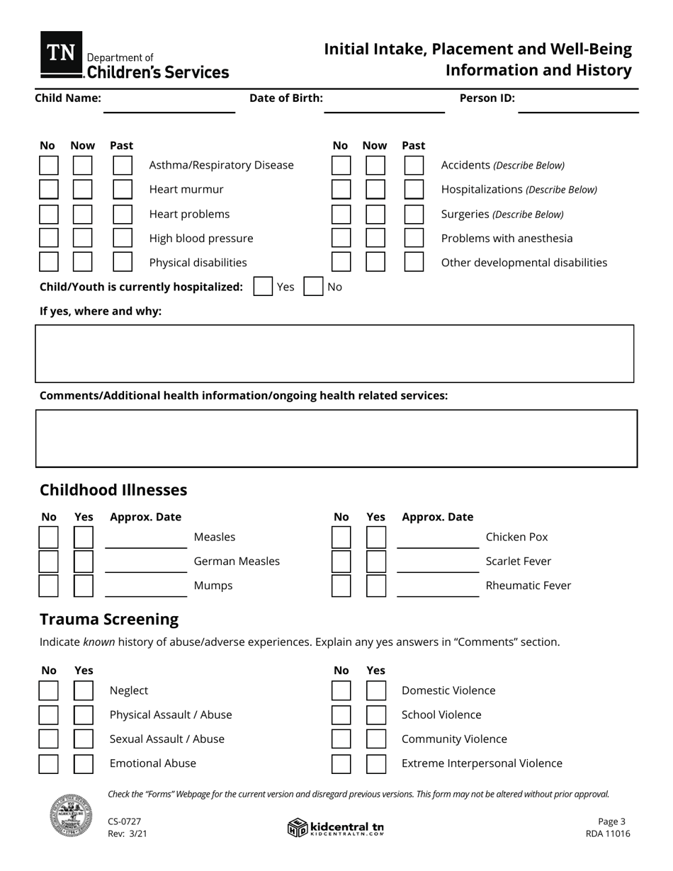 Form CS-0727 Initial Intake, Placement and Well-Being Information and History - Tennessee, Page 3