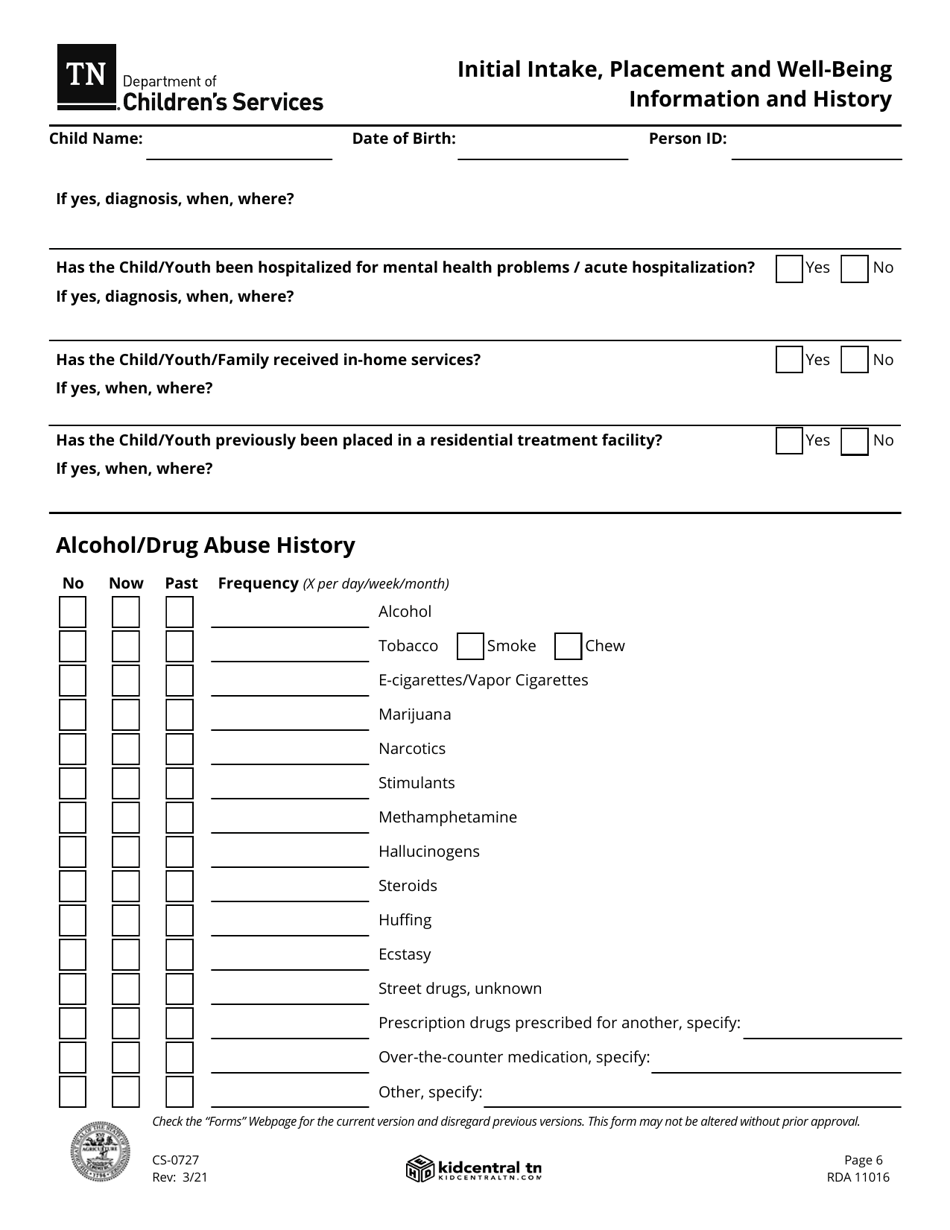 Form CS-0727 Initial Intake, Placement and Well-Being Information and History - Tennessee, Page 6