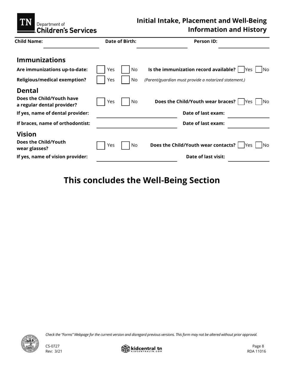 Form CS-0727 Initial Intake, Placement and Well-Being Information and History - Tennessee, Page 8