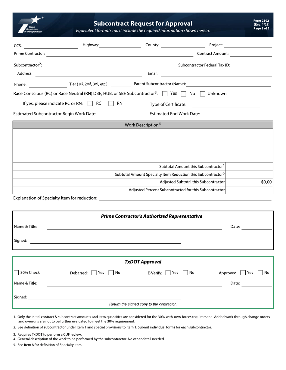 Form 2802 Subcontract Request for Approval - Texas, Page 1
