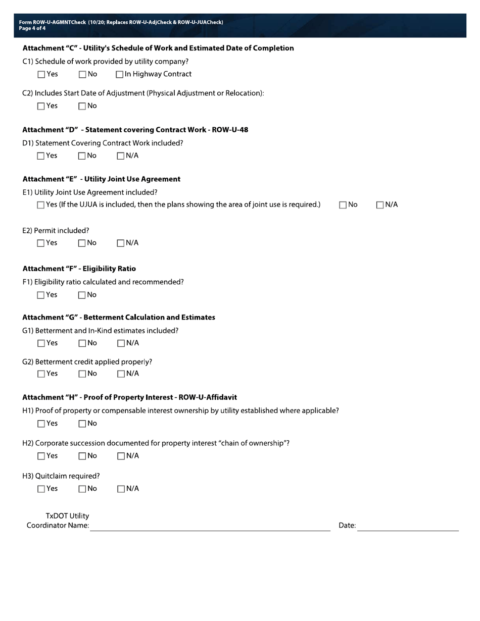 Form ROW-U-AGMNTCHECK Utility Accommodation / Adjustment Checklist - Texas, Page 4