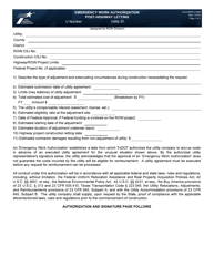 Document preview: Form ROW-U-EWA Emergency Work Authorization Post-highway Letting - Texas