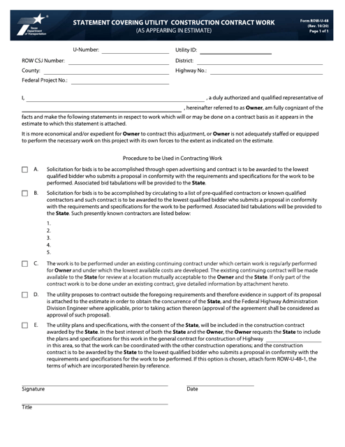 Form ROW-U-48 Statement Covering Utility Construction Contract Work (As Appearing in Estimate) - Texas