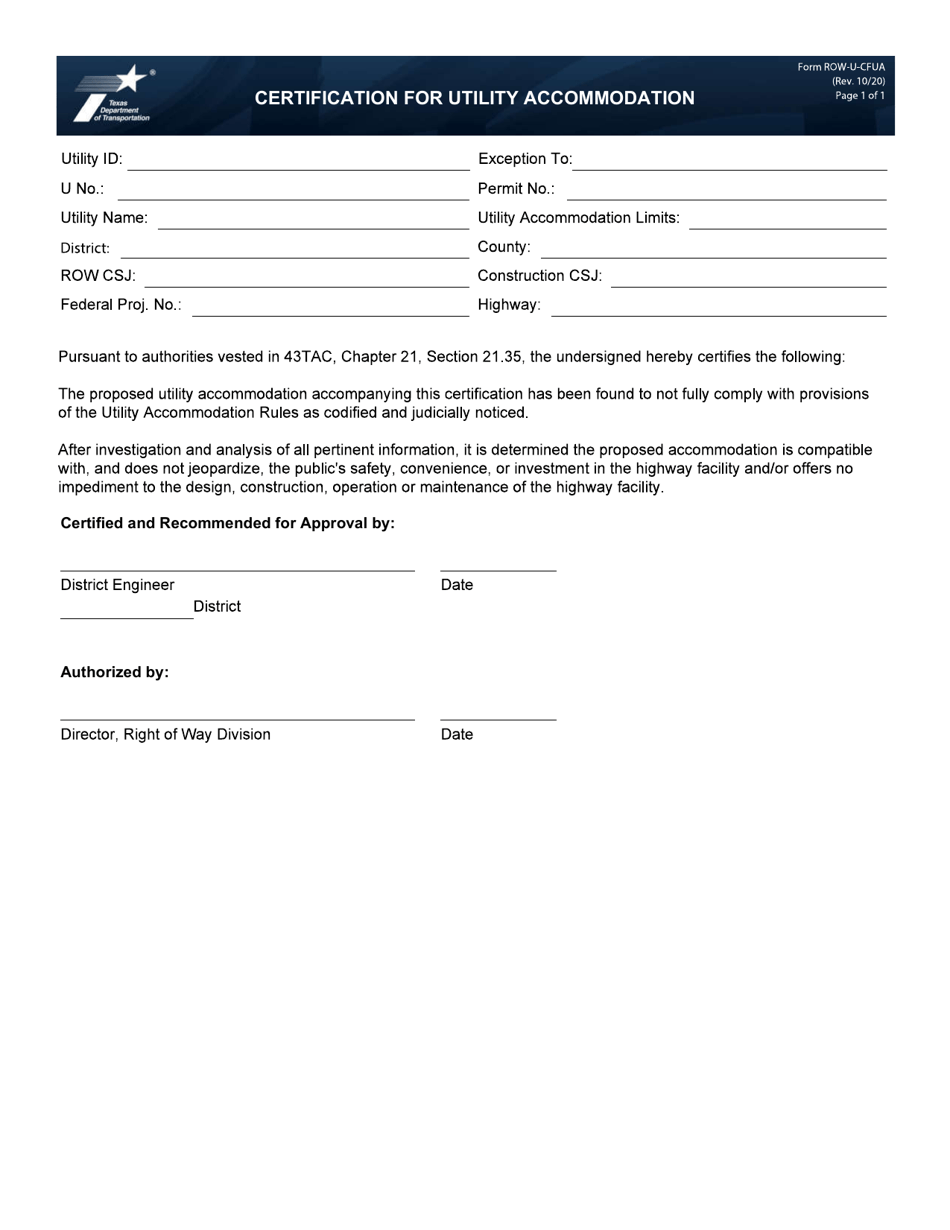 Form ROW-U-CFUA Certification for Utility Accommodation - Texas, Page 1