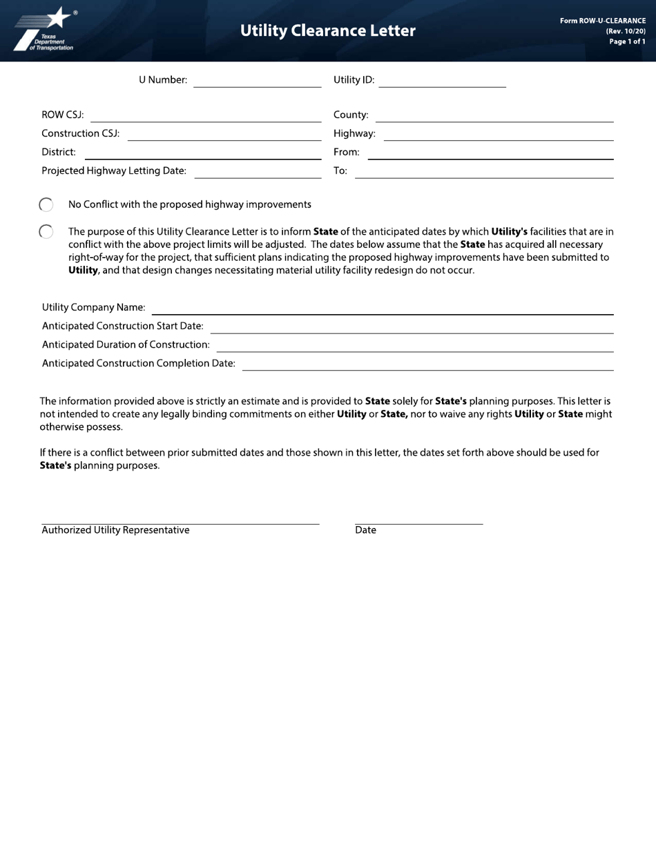 Form ROW-U-CLEARANCE Utility Clearance Letter - Texas, Page 1