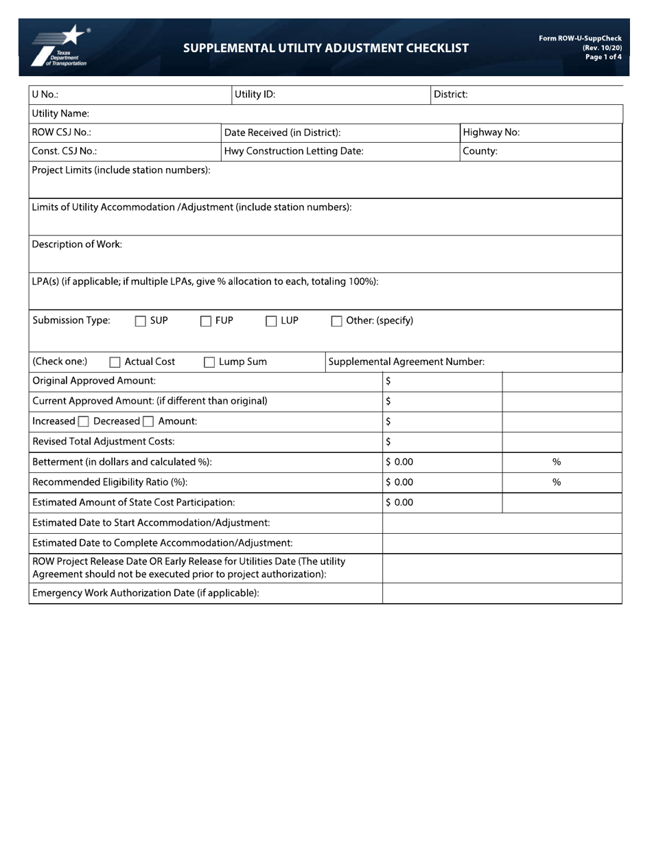 Form ROW-U-SUPPCHECK Supplemental Utility Adjustment Checklist - Texas, Page 1