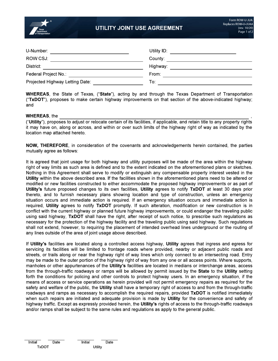 Form ROW-U-JUA Utility Joint Use Agreement - Texas, Page 1