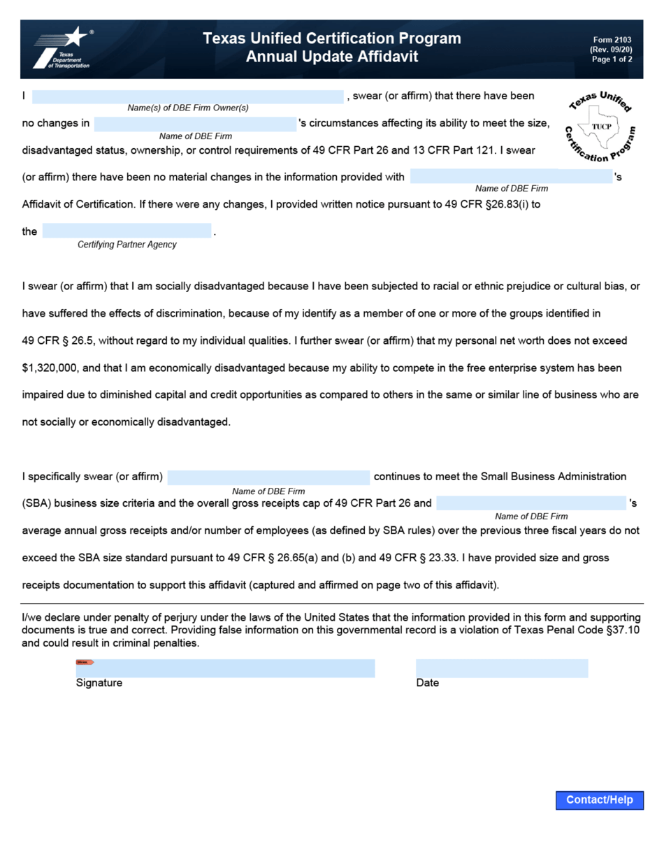 Form 2103 Texas Unified Certification Program Annual Update Affidavit - Texas, Page 1