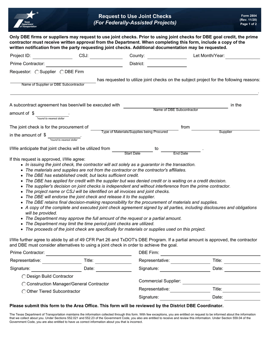 Form 2804 Request to Use Joint Checks (For Federally-Assisted Projects) - Texas, Page 1