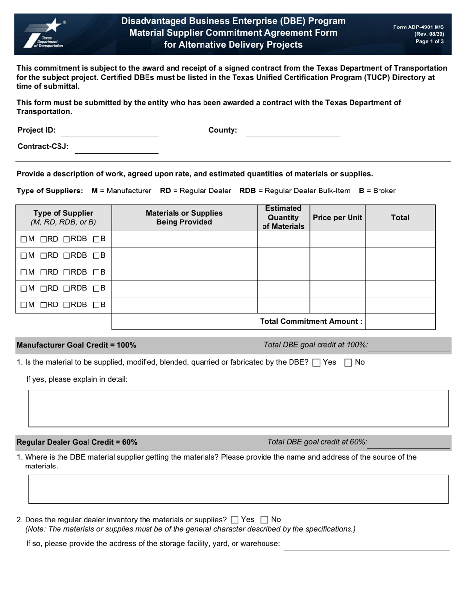 Form ADP-4901 M / S Disadvantaged Business Enterprise (Dbe) Program Material Supplier Commitment Agreement Form for Alternative Delivery Projects - Texas, Page 1