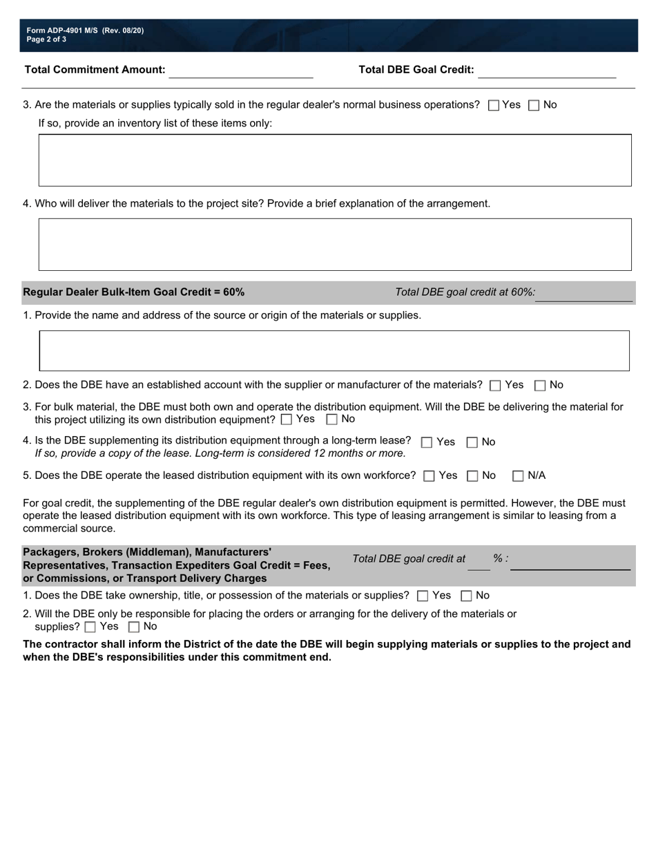 Form ADP-4901 M / S Disadvantaged Business Enterprise (Dbe) Program Material Supplier Commitment Agreement Form for Alternative Delivery Projects - Texas, Page 2