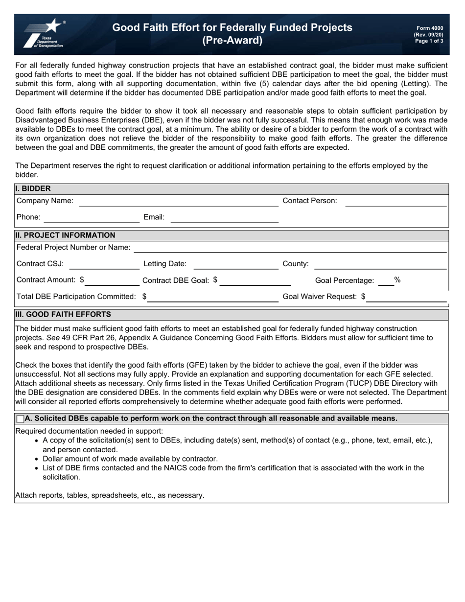 Form 4000 Good Faith Effort for Federally Funded Projects (Pre-award) - Texas, Page 1