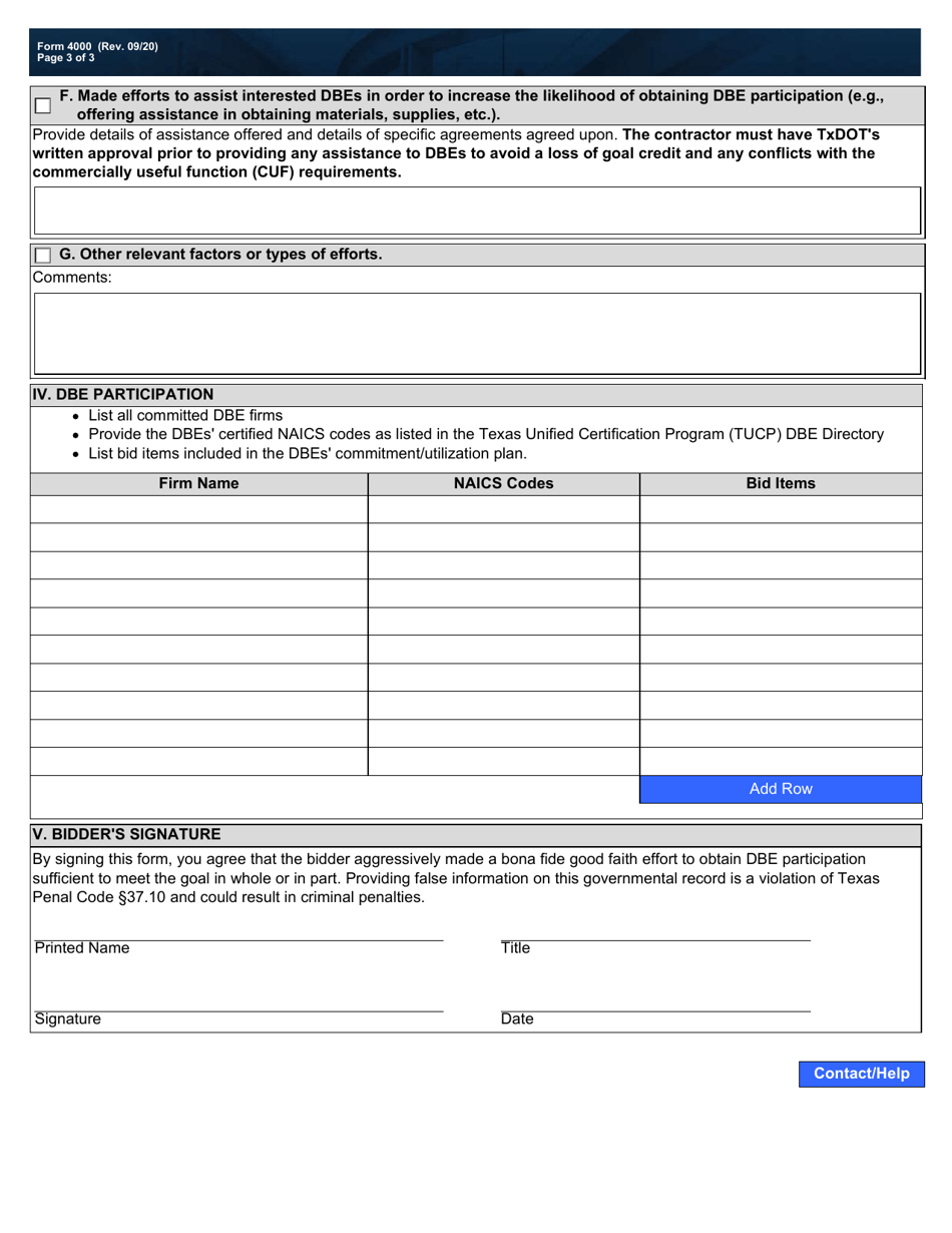 Form 4000 Good Faith Effort for Federally Funded Projects (Pre-award) - Texas, Page 3