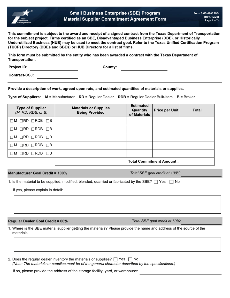 Form SMS-4906 M / S Small Business Enterprise (Sbe) Program Material Supplier Commitment Agreement Form - Texas, Page 1
