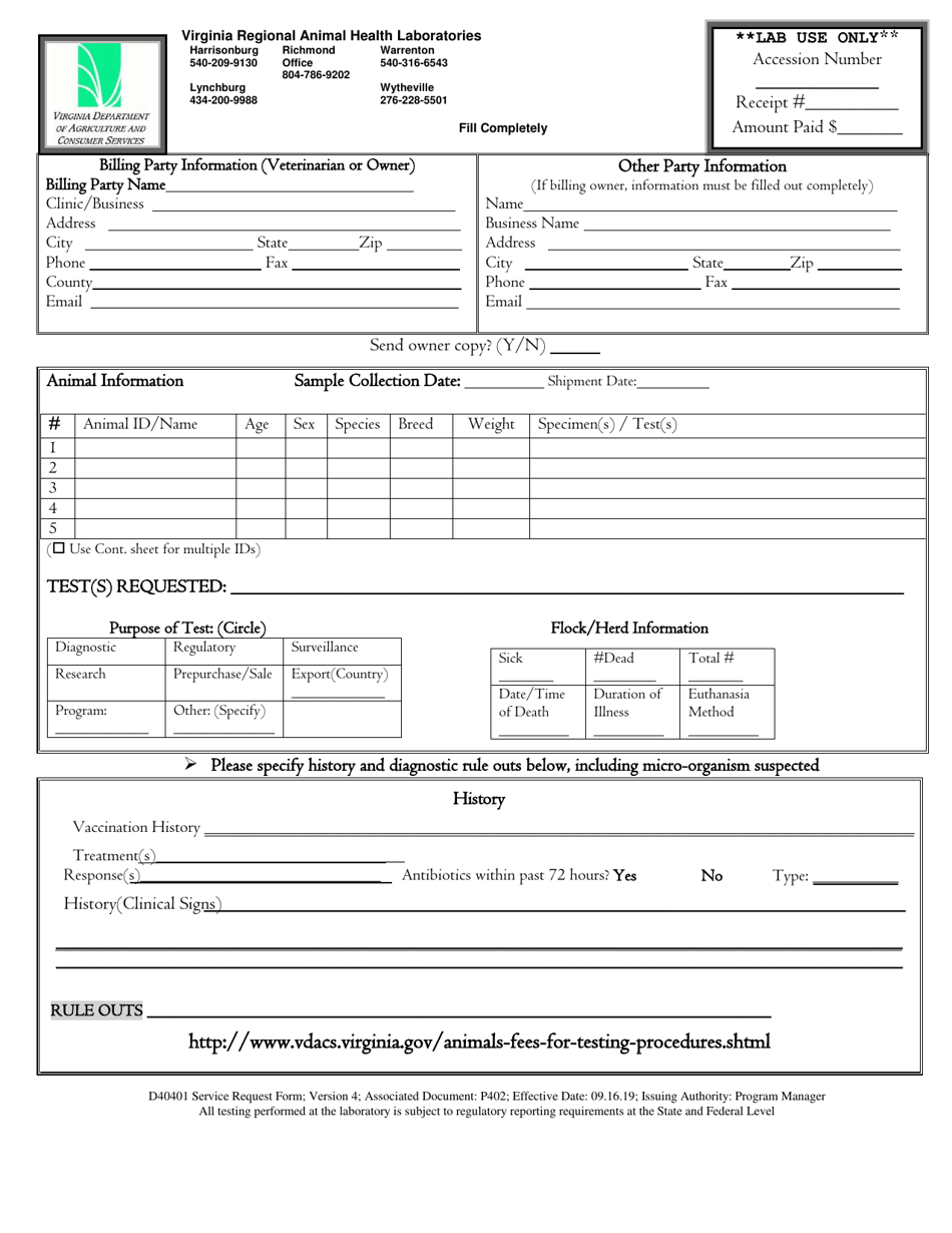 Form D40401 Animal Health Laboratory Submission Form - Virginia, Page 1
