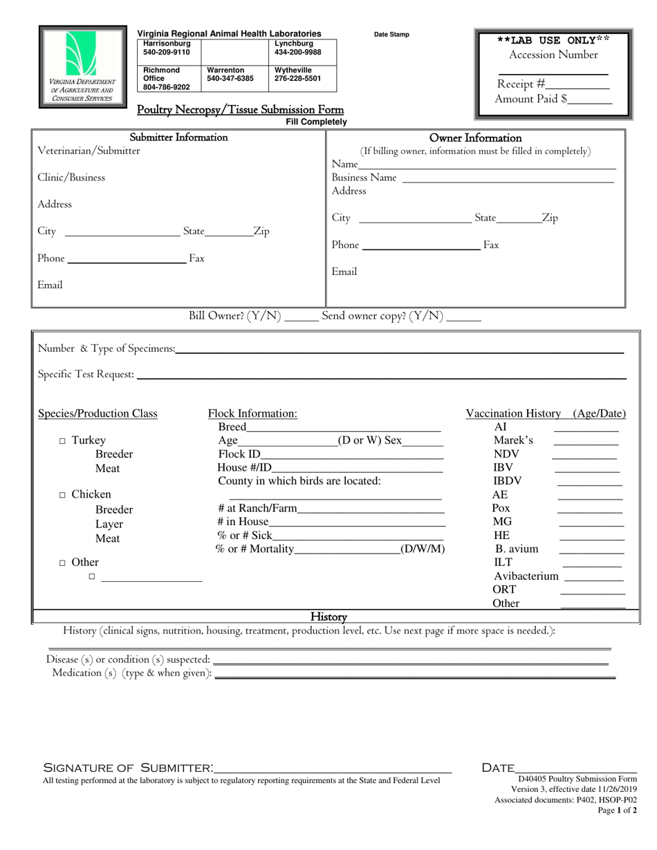 Form D40405 Poultry Necropsy / Tissue Submission Form - Virginia, Page 1