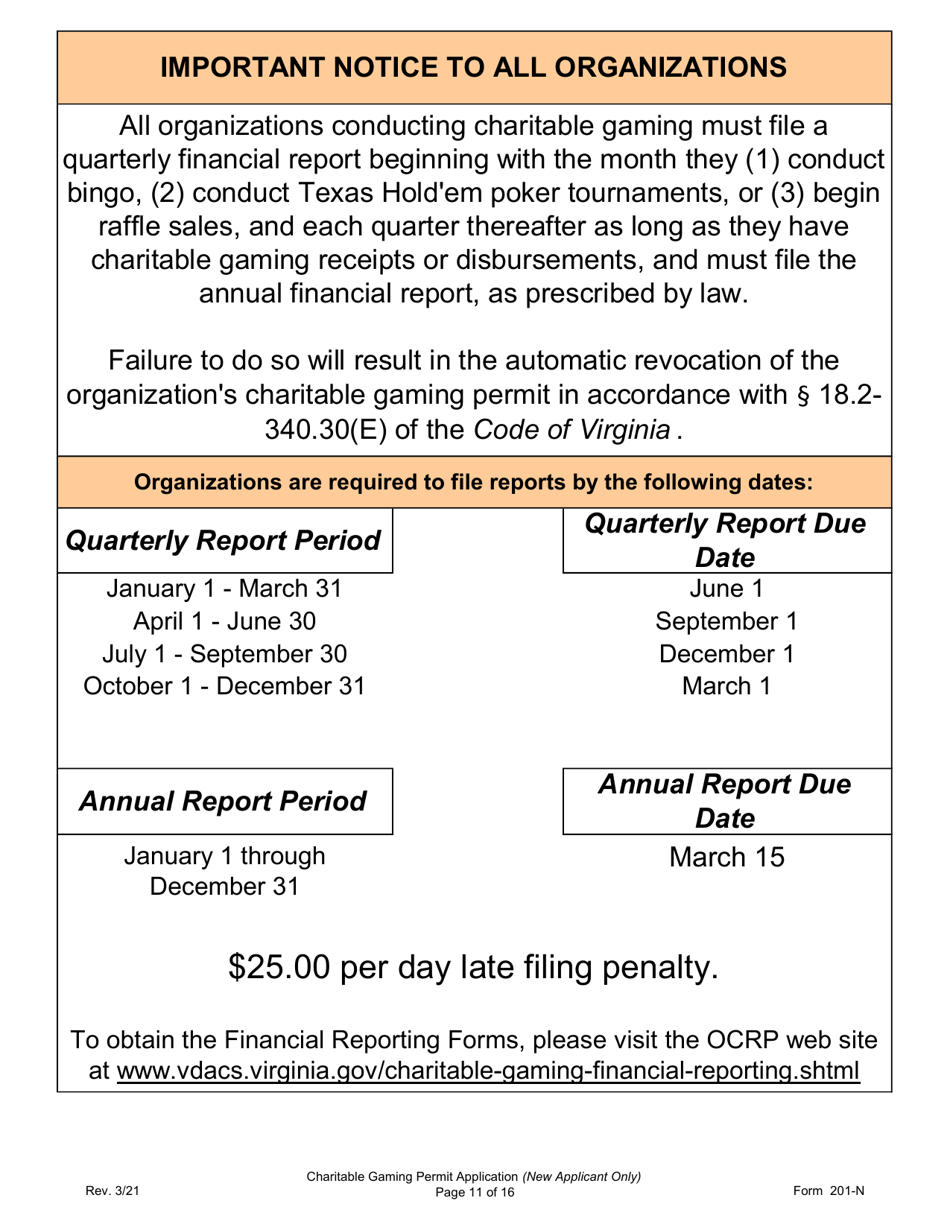 Form 201-N Charitable Gaming Permit Application (New Applicant Only) - Virginia, Page 11