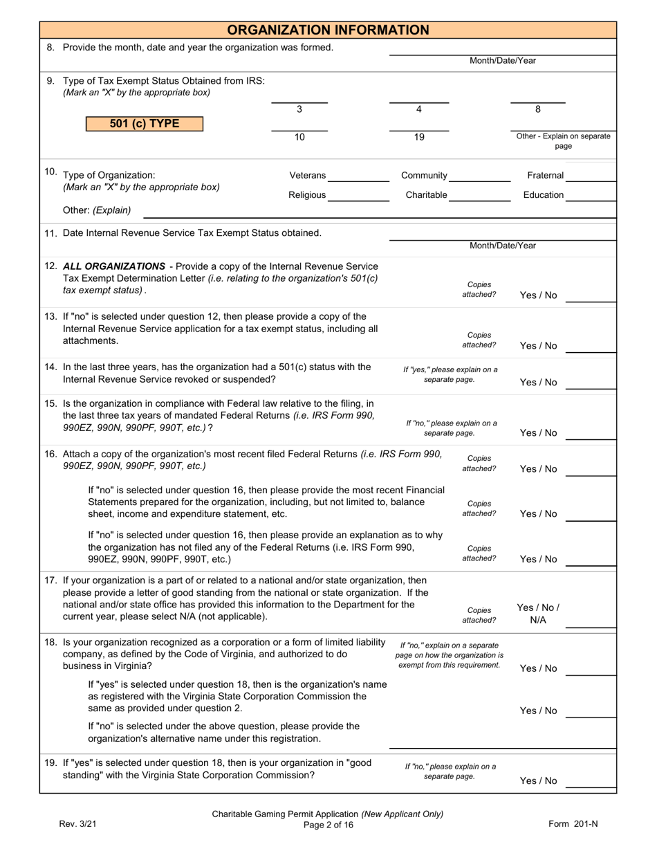 Form 201-N Charitable Gaming Permit Application (New Applicant Only) - Virginia, Page 2