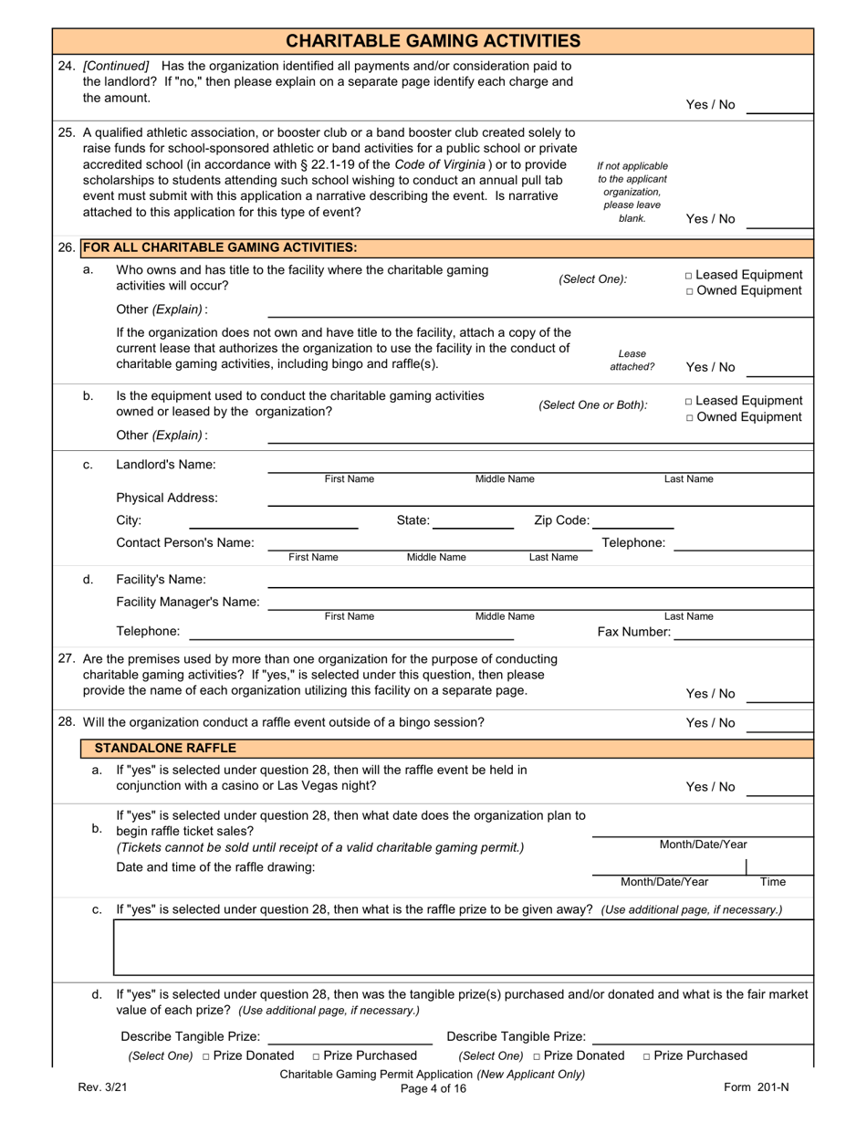 Form 201-N Charitable Gaming Permit Application (New Applicant Only) - Virginia, Page 4