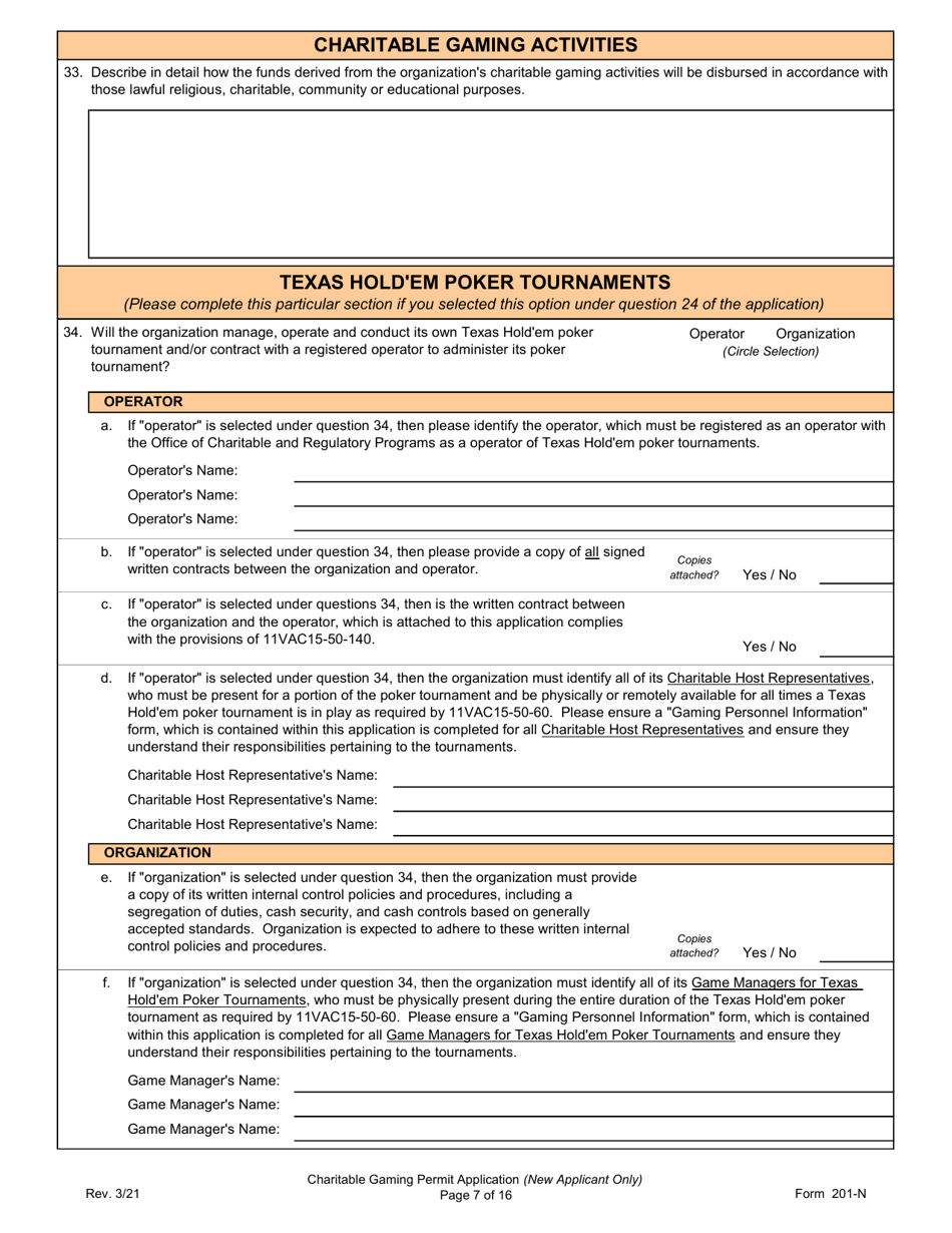 Form 201-N Charitable Gaming Permit Application (New Applicant Only) - Virginia, Page 7